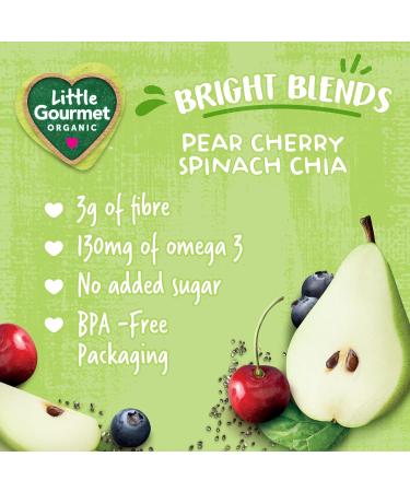 Baby Gourmet Little Gourmet Organic Bright Blends Baby Food Pouches - Pear Cherry Spinach Chia - No Added Sugar or Salt Non GMO No Fillers - (113ml) 12-Pouches Marron Pear Cherry Spinach Chia 113ml - 12 Pouches - Buy Online on GoSupps.com