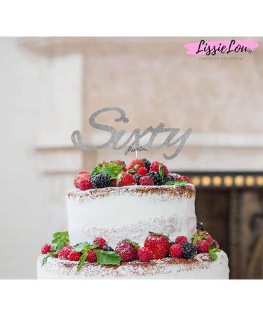 LissieLou 60th Birthday Cake Topper Decoration with Curly Written 'Sixty' Glitter Card in Silver - Buy Online on GoSupps.com