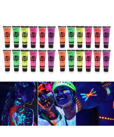 Karlak 24 Tubes 10ml/0.34oz Art Body Paint Glow in Light Face & Body Paint with 6 Colours Glow Blacklight Neon Fluorescent for Party Clubbing Festival Halloween Makeup