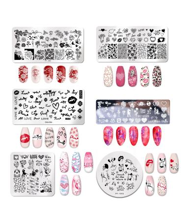 Nail stamps set 6 pieces Valentine's Day topic nail art stamp template set DIY printing manicure tool nail art decorations for Valentine's Day Nail art stamp panels for Valentine's Day