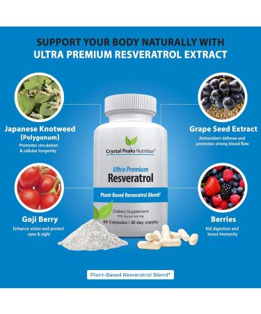 CRYSTAL PEAKS NUTRITION 100% Natural Resveratrol Supplement - Trans-Resveratrol Supports Aging - Antioxidants Supplement Promotes Immune System & Joint Support (60 Capsules) - Buy Online on GoSupps.com