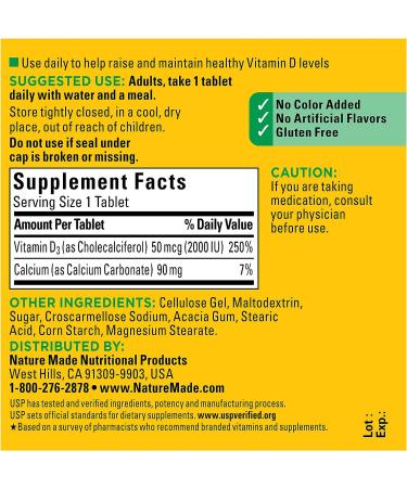 Nature Made Vitamin D3 2000 IU Dietary Supplement - Bone, Teeth, Muscle & Immune Support - 125 Tablets - Buy Online on GoSupps.com