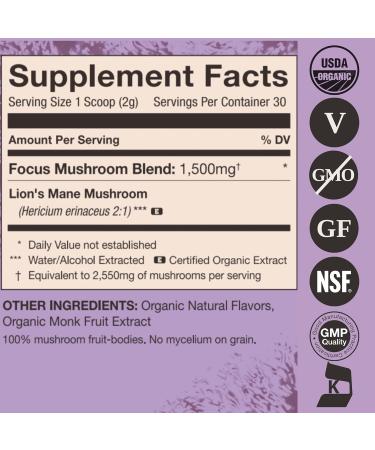 Organic Lion's Mane Focus Powder - 2.12 oz | Non-GMO, Vegan, Kosher, Gluten-Free, Keto, Dairy-Free - Buy Online on GoSupps.com