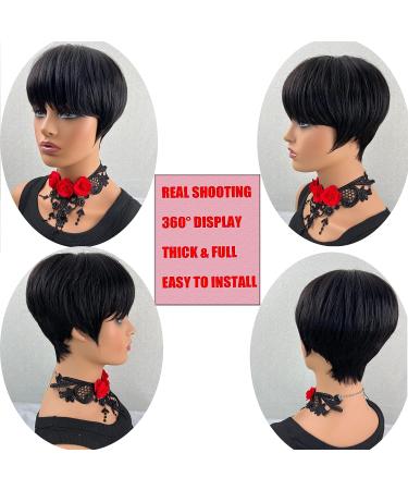 QiaQiaRing 9A Brazilian Pixie Cut Wig with Bangs | Short Straight Human Hair Wigs for Black Women | Natural Black Color - Buy Online on GoSupps.com