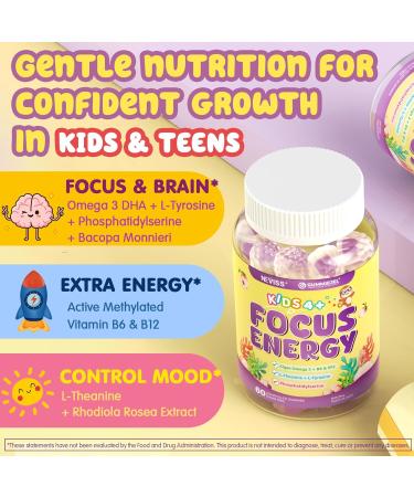 Kids Focus Gummies - Brain Supplements with Vegan Omega 3 DHA Phosphatidylserine L-Theanine L-Tyrosine Methylated B6 & B12 for Kids & Teen Support Attention Memory Nootropic Sugar Free 60cts - Buy Online on GoSupps.com