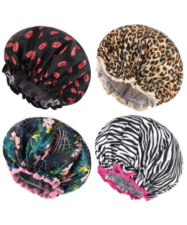 Abeillo 4 Packs Double Layer Shower Caps Reusable Bath Cap Waterproof Elastic Shower Hat Edge Covering Ears for Women Shower Spa Salon