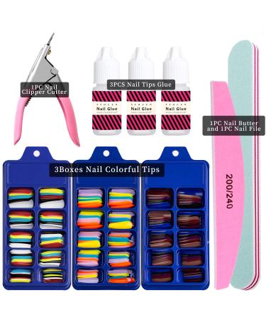 300PCS Colorful Fake Acrylic Nail Tips Kit with Nail Glue - Coffin & Stiletto False Nails Set for Professional Nail Art - Brown Blue Shades with Clipper and Buffer - Buy Online on GoSupps.com