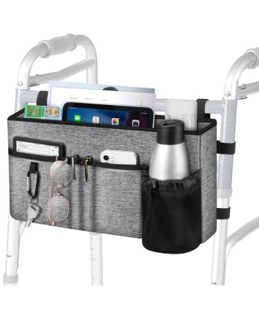 FINPAC Large Walker Tote Bag with Cup Holder, Folding Walker Attachment Hands-Free Storage Basket Mobility Aid Accessory Pouch for Elderly, Senior, Gray *Gray