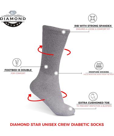 Diamond Star Diabetic Socks - Non-Binding Cotton Crew 24 Pairs - Grey 10-13 Men Women - Buy Online on GoSupps.com