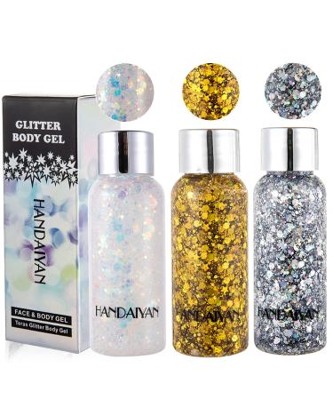 Gireatick Body Gel Glitter Set  3 Boxes Silver & Gold Holographic Chunky Glitter Liquid  Glitter Cosmetic Face Body Hair Nails