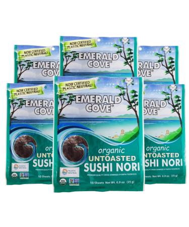 Emerald Cove, Organic Untoasted Nori Sheets Package, 10 Count Sheets, Pacific Nori, 0.9 Oz (Pack of 6) Untoasted Nori 10 Sheets (Pack of 6)