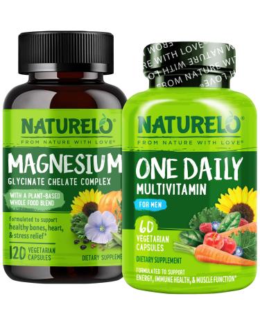 NATURELO One Daily Multivitamin for Men with Vitamins Minerals & Organic Whole Foods - 60 Capsules and Magnesium Glycinate Chelate Complex - 120 Capsules Bundle