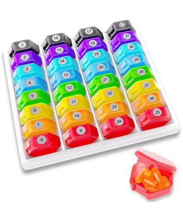 Monthly Pill Organizer 1-Time a-Day: 30 day pill organizer with Labels Portable Monthly Pill Box Month Pill Holder for Vitamin Medicine Fish Oil Supplements Rainbow