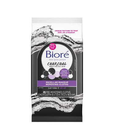 Bior Charcoal Makeup Removing Cloths with Micellar Cleansing Water No-rinse Makeup and Oil Removal for Oily Skin 25 Count