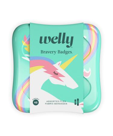 Welly Bandages | Adhesive Flexible Fabric Bravery Badges | Assorted Shapes for Minor Cuts, Scrapes, and Wounds | Colorful and Fun First Aid Tin | Unicorn Patterns - 48 Count Rainbow and Unicorn Patterns