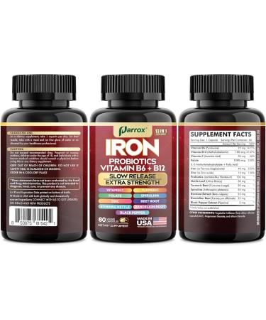 Iron Supplement with Slow Release Iron Probiotics Spirulina Turmeric Vitamin B6 B12 C Zinc Folate Beetroot Nettle Leaf Dandelion Root Black Pepper Extra Strength 60 Vegan Capsules 60 Count (Pack of 1) - Buy Online on GoSupps.com