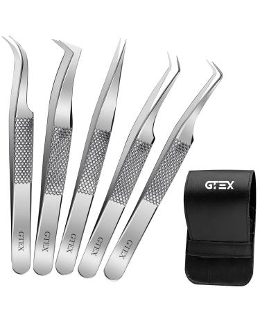 GTEX Lash Tweezers For Eyelash Extensions Tweezers Circle Grip - Japanese Steel - Professional Eyelash Tweezers For Extensions 5 Pack - Silver