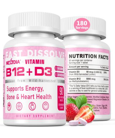 Sugar-Free Vitamin B12 Methylcobalamin 5000 mcg + D3 2000 IU Sublingual Fast Dissolve Tablets for Energy Boost Red Blood Cells Bone & Heart Health Support- Vegan Strawberry Flavor 180 Tablets