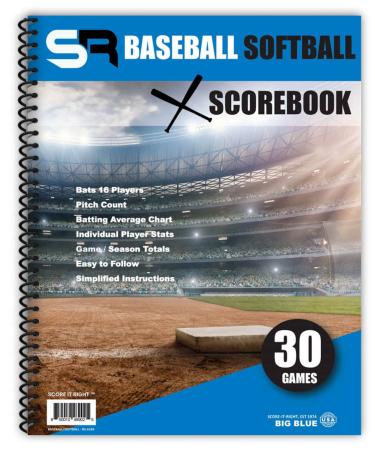 Score It Right Big Blue Baseball/Softball Scorebook  Premium Score Keeping Book  16 Player - 30 Game Scorebook with Pitch Count, Individual Player Stats, Batting Average Chart
