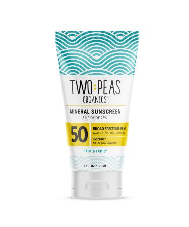 Two Peas Organics - All Natural Organic SPF 50 Sunscreen Lotion - Coral Reef Safe - Baby, Kid & Family Friendly - Chemical Free Mineral Based Formula - Waterproof & Unscented – 3oz 3 Fl Oz (Pack of 1)