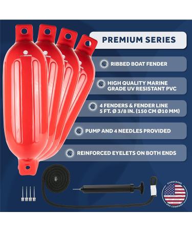 Five Oceans Boat Fenders 4 Pack - Marine Inflatable Ribbed Boat Bumpers for Docking - Includes 4 Ropes, Inflator Pump, and Needles - Ideal for Pontoon, Fishing, Bass, Sport Boats, Sailboats - 4.5 x 16 Inch Red - Buy Online on GoSupps.com