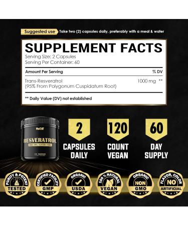 NUQIIT Trans Resveratrol 1000mg Supplement - Impressive Benefits for Immune System Energy Production & Heart Health Support - 120 Vegan Capsules for 2 Months - Buy Online on GoSupps.com