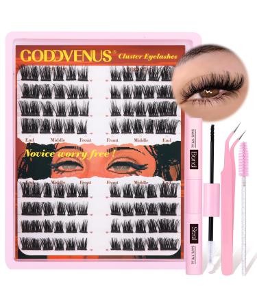 Eyelash Extension Kit Thick Lashes Individual Cluster DIY Lash Extension Kit for Beginner Russian D Curl Individual Eyelashes Kit with Cluster Lashes Glue Bond and Seal Eyelash Tweezers by Goddvenus I-lash cluster kit