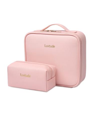 Luxtude Leather Travel Makeup Train Case, Waterproof Makeup Bag Cosmetic Case Organizer, Large Cosmetic Makeup Case with Adjustable Dividers for Women Cosmetics Brushes Toiletry Jewelry etc. (Pink) Medium Pink