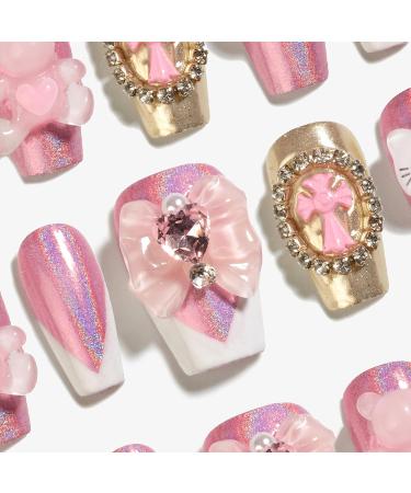 Sun&Beam Handmade Press-On Nails | Short Coffin Ballerina Pink & White Design - 10 Pcs (#112 S) | International Shipping - Buy Online on GoSupps.com