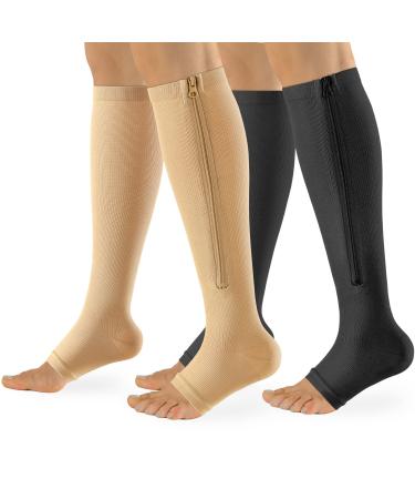 Bropite Zipper Compression Socks Women & Men - 2 Pairs 15-20 mmHg Open Toe Compression Socks for Walking,Running C - Black /Nude Large-X-Large
