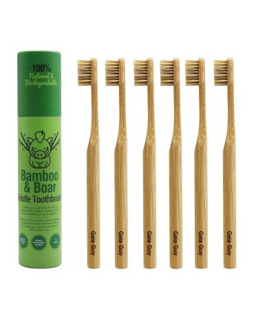 Gaia Guy Natural Bristle Bamboo Toothbrush (NO Nylon - Boar Hair ONLY) - Totally Compostable & Biodegradable Boar Bristle and Bamboo Toothbrushes - Zero Waste - 6-Pack