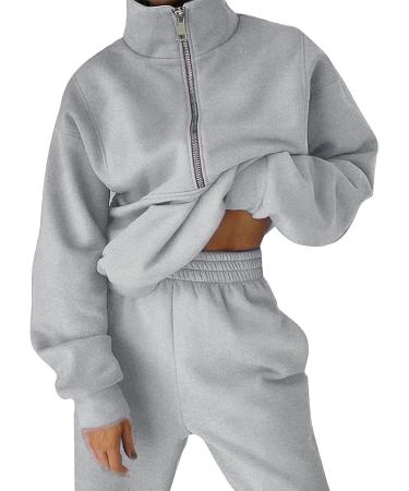 COZYPOIN Women's Fleece Two Piece Outfit | Grey Half Zip Sweatshirt & Joggers Set | X-Large - Buy Online on GoSupps.com