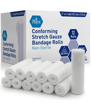 Medpride Conforming Gauze Rolls (4''x 4.1 Yards) Pack of 12 First Aid Rolled Stretch Bandages for Wounds & Injuries Disposable Nonsterile Body Wrap Dressing for The Knee Ankle Hands Wrist