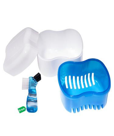 Denture Case,Denture Brush Retainer Case,Denture Cups Bath,Dentures Container with Basket Denture Holder for Travel,Retainer Cleaning Case (Blue)