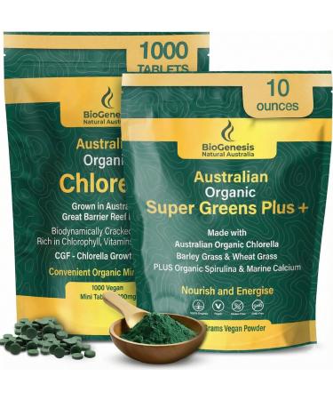 Biogenesis Australian Superfood Bundle Organic Chlorella Mini Tablets (1000 Count) & SuperGreens Plus Powder (300g) | Contains Spirulina Wheatgrass & Barley Grass | Daily Greens for Energy Detox &