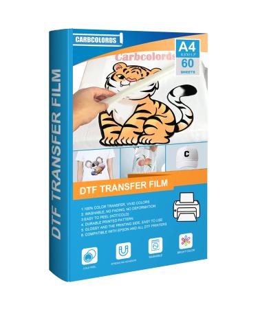 Carbcolords DTF Transfer Film-60 Sheets A4(8.3 x 11.7) PET Clear PreTreat Heat Transfer Paper for DYI Direct on T-Shirts Textile A4(60 PCS)