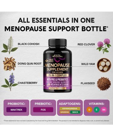 Menopause Supplements for Women - Dong Quai Black Cohosh Pre & Probiotics - Sweats & Hot Flashes Relief - Digestion Sleep & Mood Support - 25-in-1 Perimenopause Complex - Made in USA - 60 Capsules 60 Count (Pack of 1) - Buy Online on GoSupps.com