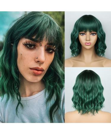 noomby Green Wig with Bangs Dark Green Wig for Women Ombre Green Wigs Wavy Green Wigs Shoulder Length Heat Synthetic Short Green Wig for Daily Party Use (Green) Ombre Green