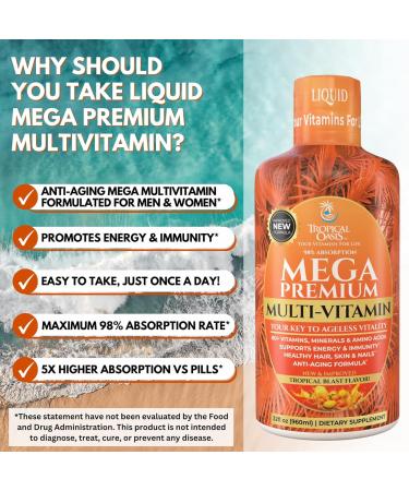 Mega Premium Liquid Multivitamin | Natural Immune Support Vitamin w/ 1333% Vitamin C 200% D3 Zinc + 20 Vitamins 70 Minerals & 21 Amino Acids | Sugar Free | Orange Flavor | 98% Absorption | 32 Serv 32 Fl Oz (Pack of 1) - Buy Online on GoSupps.com