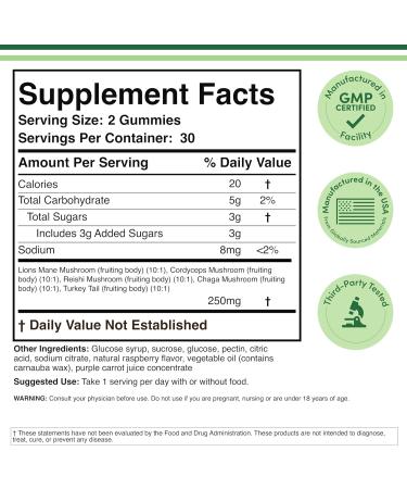 Double Wood Supplements Mushroom Gummies Supplement 60 Count - 2,500mg Equivalent from 250mg Lions Mane Cordyceps Reishi Chaga and Turkey Tail 10:1 Extracts Per Serving (for Immune Support) - Buy Online on GoSupps.com