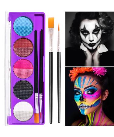 Glow Under UV Blacklight Face Paint 10 Bright Colors Gold Silver Metallic Neon Face Body Painting Palette with 2 Type Brushes Water Based Makeup For Party Halloween Washable Kids Adult (02)