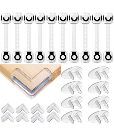 KP's Baby Safety Kit - 26 Pack Child Proofing Kit with Child Locks for Cabinets (10) Baby Proof Outlet Covers (8) Corner Protectors(8) - Extra 10 +12 Adhesives (Black)