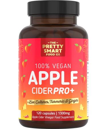 Apple Cider Vinegar Capsules - Boosted with Vegan Live Cultures Turmeric & Ginger - Raw & Unfiltered ACV Complex - 1300MG Dosage - 120 Capsules - Made the UK