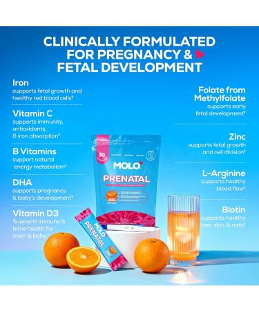 MOLO Prenatal Multi-Vitamin Drink Mix for Women Packed with essential vitamins & antioxidants DHA Omega-3 Methylfolate 30 Stick Packs with Sweet Orange Flavor Vegetarian Gluten-Free & Non-GMO - Buy Online on GoSupps.com
