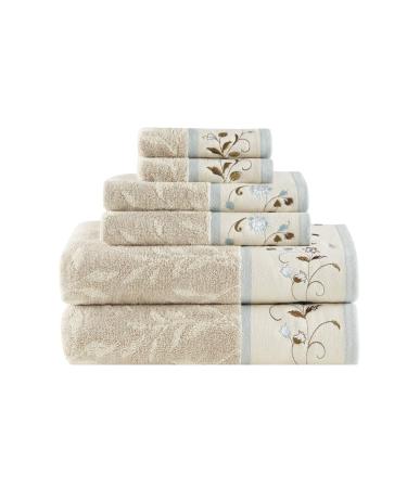 Madison Park Serene 100% Cotton Bath Towel Set Luxurious Floral Embroidered Cotton Jacquard Design, Soft and Highly Absorbent for Shower, Multi-Sizes, Blue Cream, Blue Towel