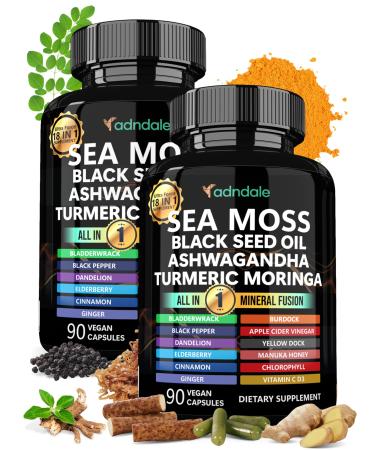 Adndale Sea Moss Black Seed Oil Ashwagandha Ginger Capsules Sea Moss Capsules with Black Seed Oil Ashwagandha Turmeric Moringa Bladderwrack Burdock Root Manuka Honey Cinnamon 180 Count SeaMoss 90 Count (Pack of 2)