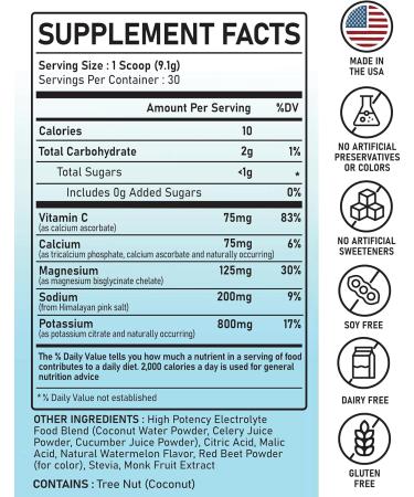 Hydration Electrolyte Powder - High Potency Watermelon | 30 Servings | Real Food Supplement with Potassium Magnesium & Calcium - Buy Online on GoSupps.com