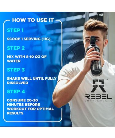 Rebel Supplements Blue Razz Loaded Pre Workout - Extreme Energy Focus & Pumps | 50 Servings | 7000mg L-Citrulline 4000mg Beta Alanine 350mg Caffeine - Buy Online on GoSupps.com