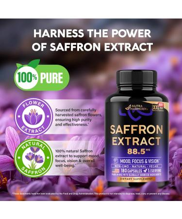 Natural Saffron Supplements - Pure Saffron Extract 88.5 mg - Made in USA - Mood | Focus | Vision | Energy Support - Eye Health for Women & Men - NonGMO Vegan Pills - 180 Powder Capsules Unflavored 180 Count (Pack of 1) - Buy Online on GoSupps.com