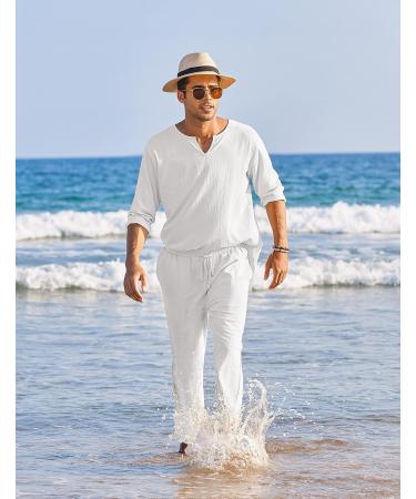 COOFANDY Men's 2 Pieces Cotton Linen Set Henley Shirt Long Sleeve and  Casual Beach Pants Summer Yoga Outfits 01-white Medium